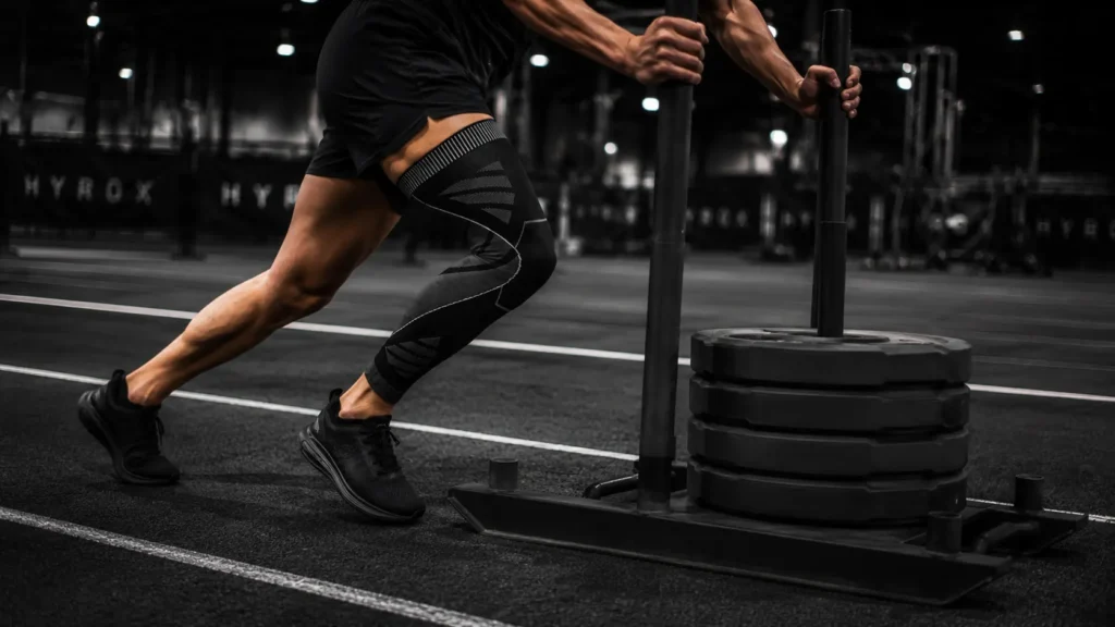 compression leg sleeve for HYROX during sled push