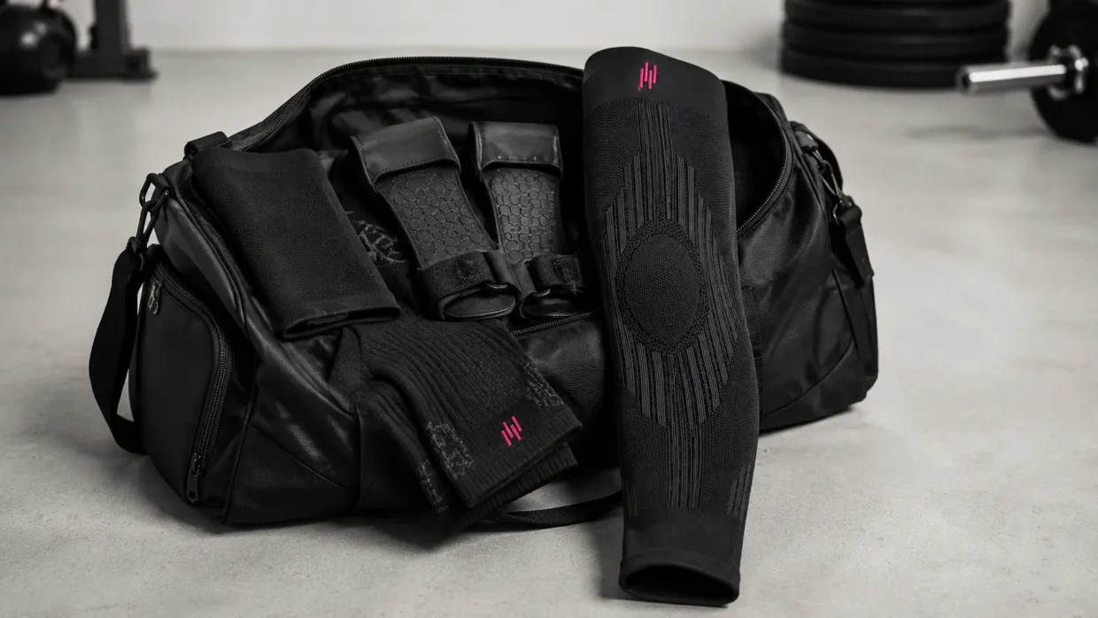 HYROX gear bag with compression knee sleeve, socks and grip gloves, part of a best HYROX equipment 2026 kit