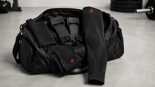 HYROX gear bag with compression knee sleeve, socks and grip gloves, part of a best HYROX equipment 2026 kit