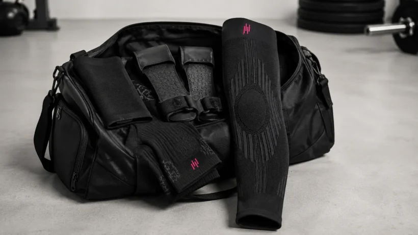 HYROX gear bag with compression knee sleeve, socks and grip gloves, part of a best HYROX equipment 2026 kit
