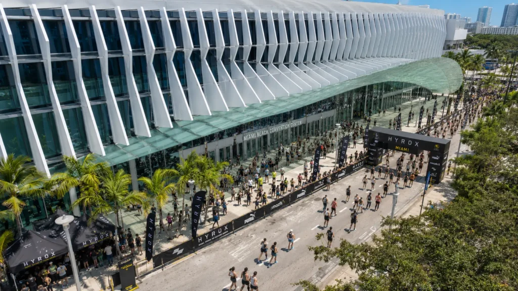 Aerial view of athletes arriving at the Miami Beach Convention Center for HYROX Miami