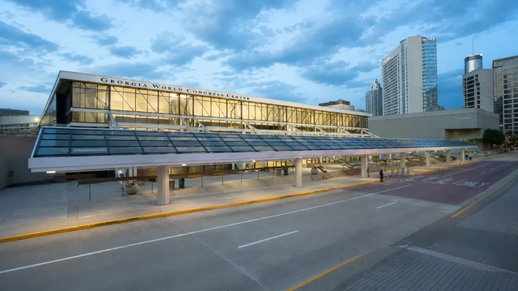 Georgia World Congress Center exterior at dusk, host venue for HYROX Atlanta 2027