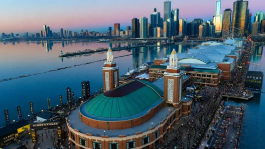 Aerial view of Navy Pier at sunset during a HYROX Chicago race, with the Chicago skyline in the background