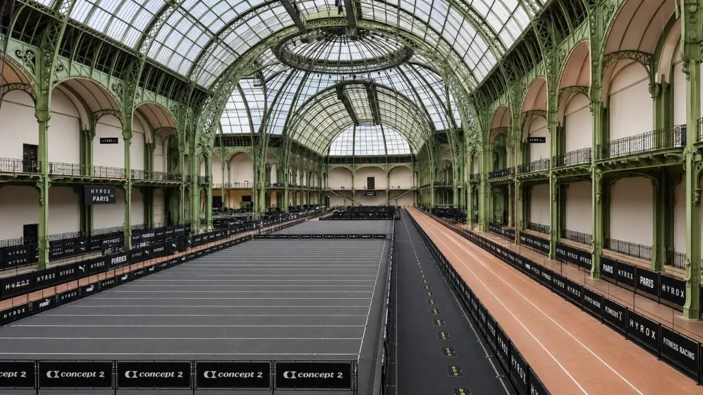 Empty HYROX race floor inside the Grand Palais, showing the running track and glass roof before race day