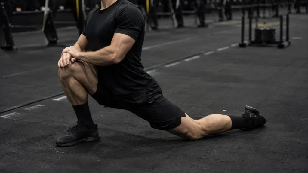 Athlete performing a dynamic hip-opener stretch as part of a HYROX injury prevention warm-up routine