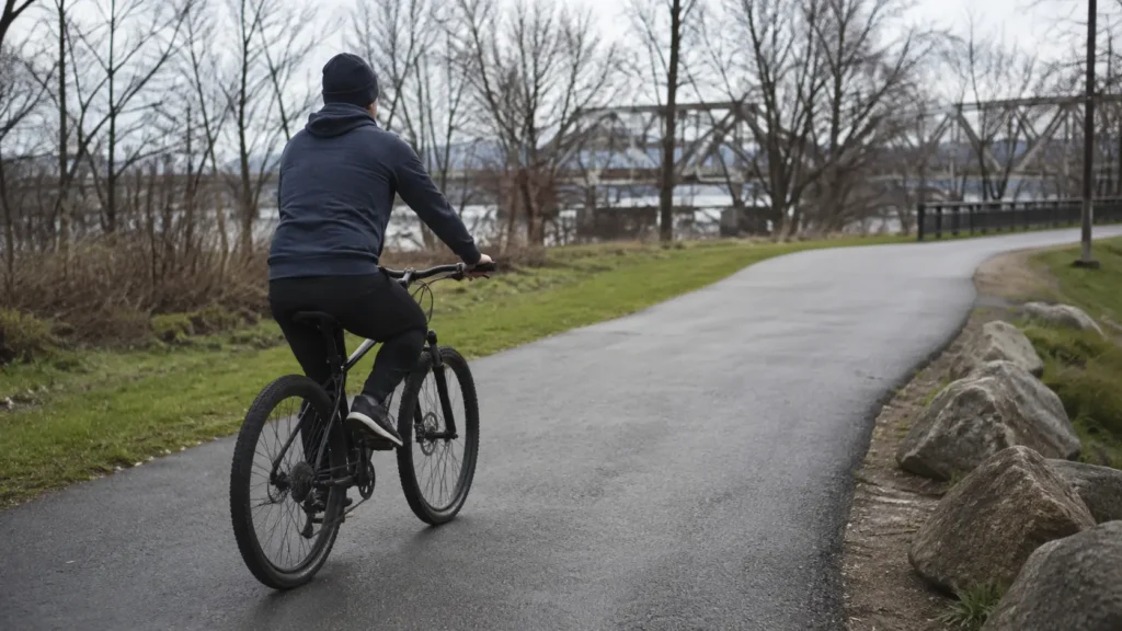 Person cycling outdoors on a paved path as part of light active recovery