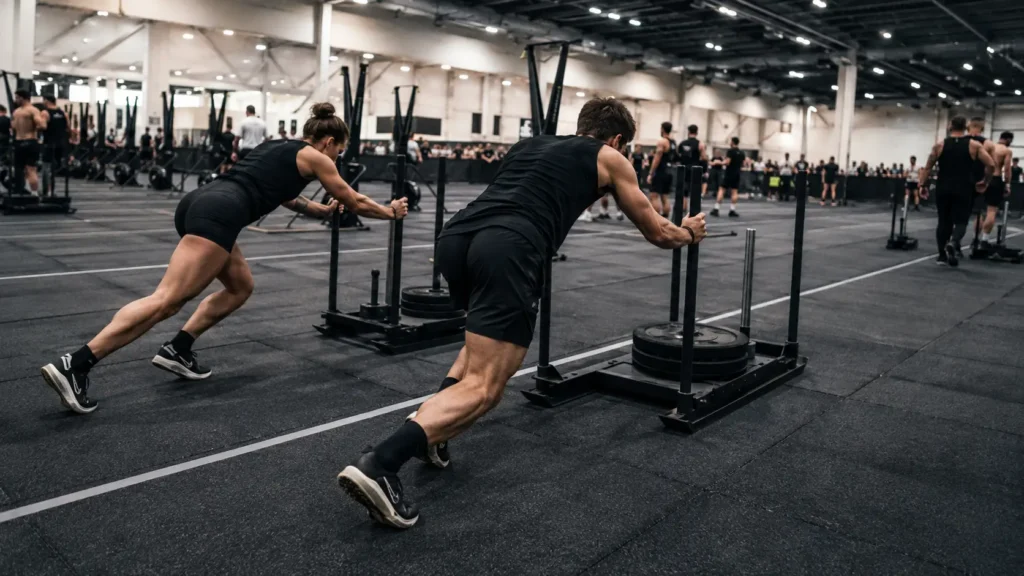 Male and female HYROX doubles partner team pushing sleds together during training