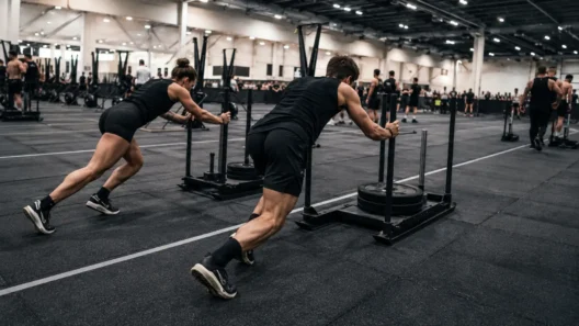 Two athletes finding their pace together as a HYROX doubles partner team during training