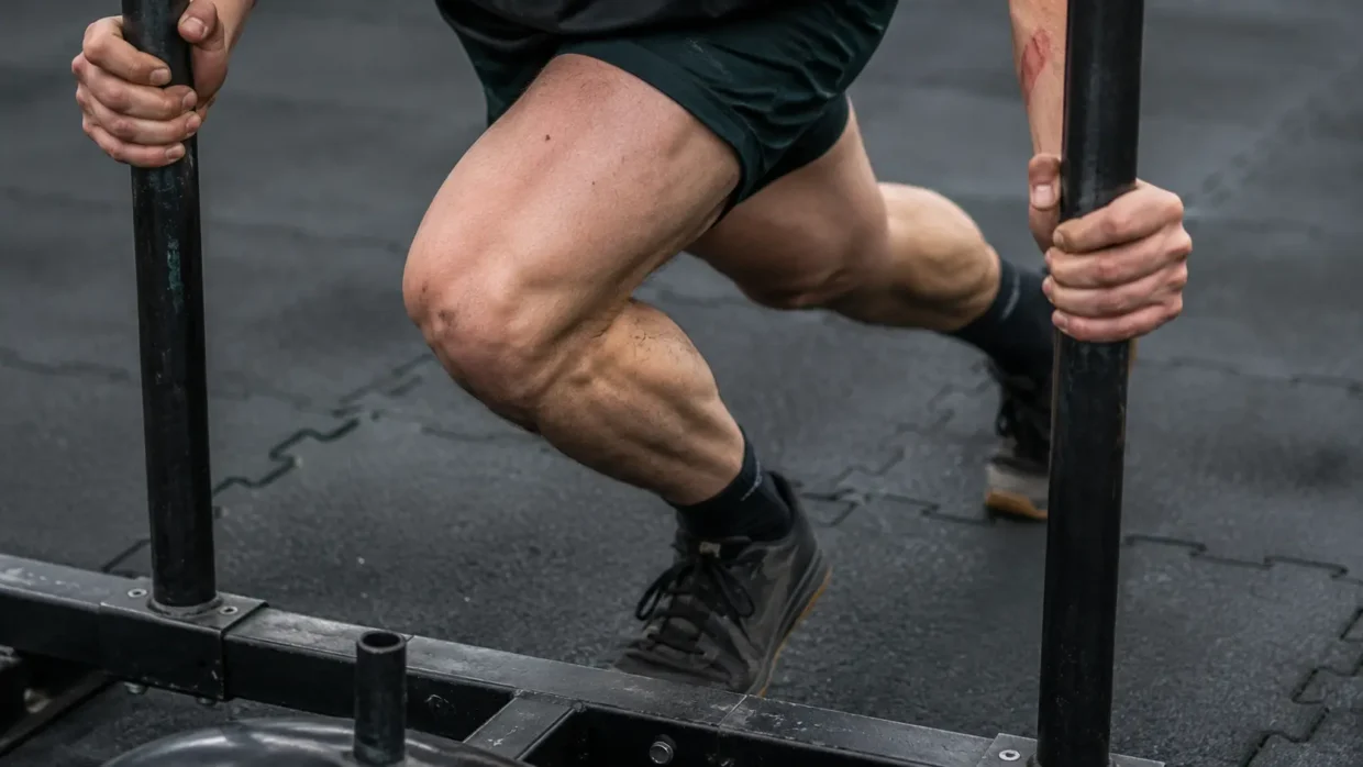 HYROX injury prevention: close-up of knee and leg position during a sled push to avoid strain