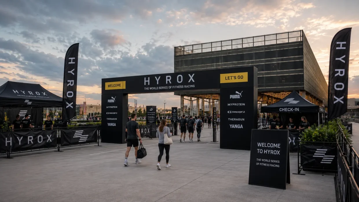 MEETT Parc des Expositions entrance at dusk during HYROX Toulouse, with athletes arriving