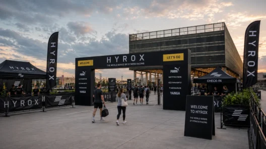 MEETT Parc des Expositions entrance at dusk during HYROX Toulouse, with athletes arriving