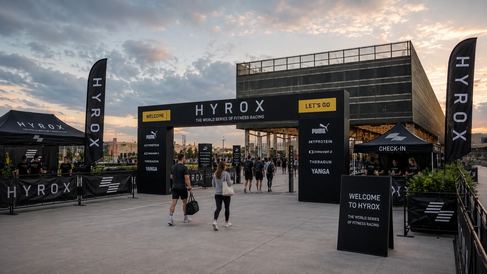 MEETT Parc des Expositions entrance at dusk during HYROX Toulouse, with athletes arriving