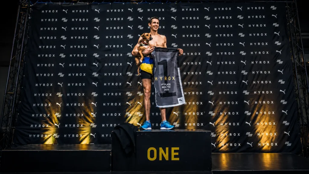 Dylan Scott celebrating HYROX Doubles World Championship win Nice 2024