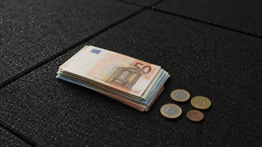 Euro banknotes and coins representing the hidden costs of the HYROX athlete license