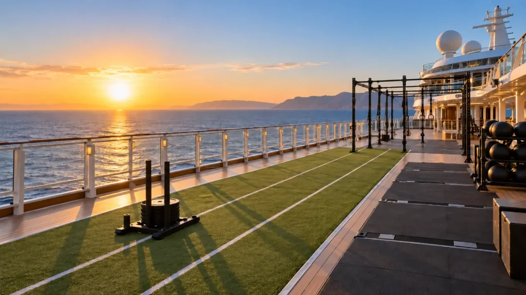 HYROX Elite 15 Cruise race course set up on the top deck of a cruise ship at sunrise