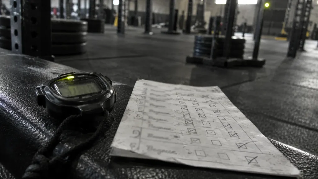 HYROX DNF rules rulebook checklist and stopwatch on gym floor