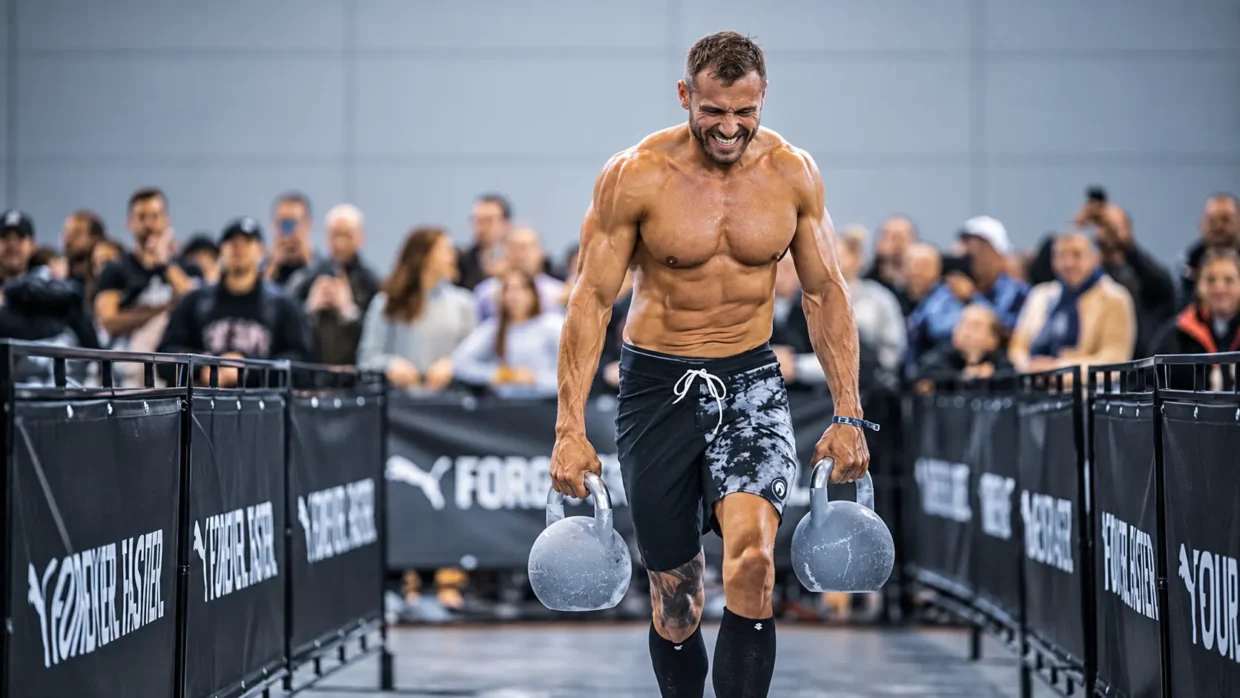 Athlete carrying heavy kettlebells during farmers carry for HYROX training