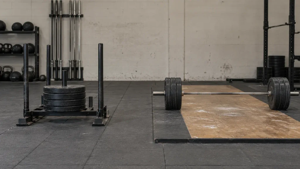 HYROX vs XENOM formats compared: a loaded sled on the left and a barbell on a lifting platform on the right