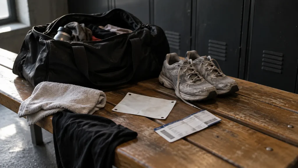 HYROX prize money is not profit: athlete race gear, bib and boarding pass on a locker-room bench