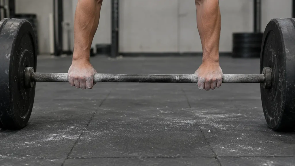 Close-up of chalked hands gripping a barbell, representing hybrid training for HYROX XENOM crossover athletes