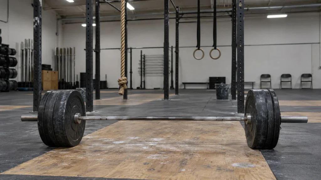 XENOM Decathlon of Fitness competition floor with barbells and rope climb rigs in a stadium arena