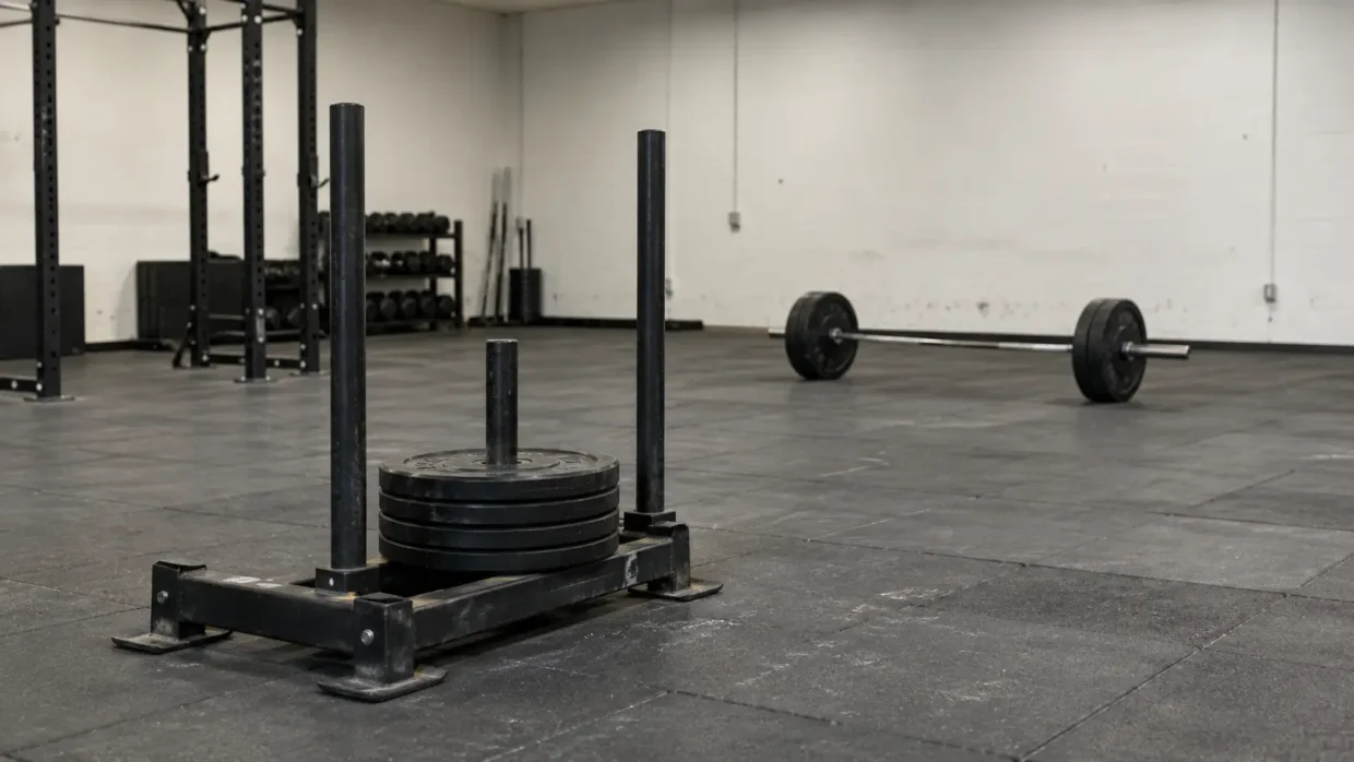 HYROX XENOM deal: a HYROX sled and a loaded barbell on a gray gym floor