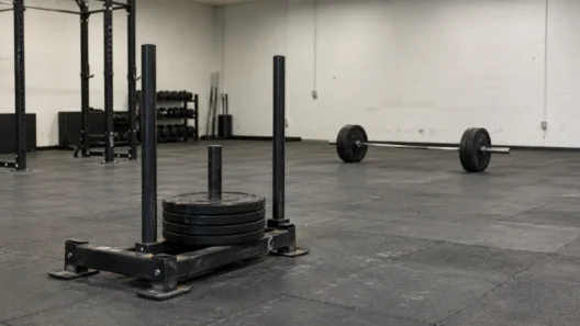 HYROX XENOM deal: a HYROX sled and a loaded barbell on a gray gym floor