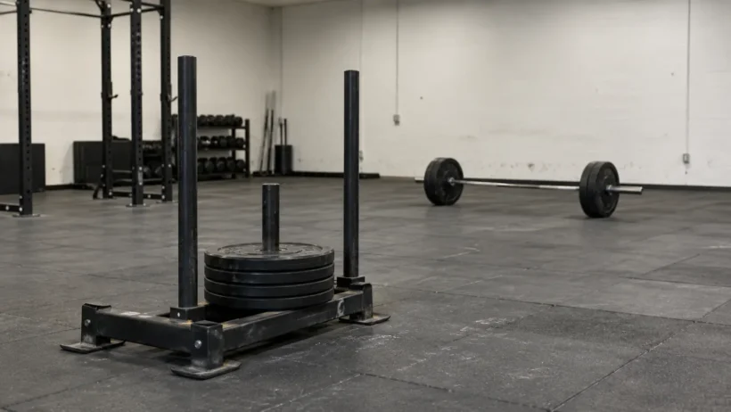 HYROX XENOM deal: a HYROX sled and a loaded barbell on a gray gym floor