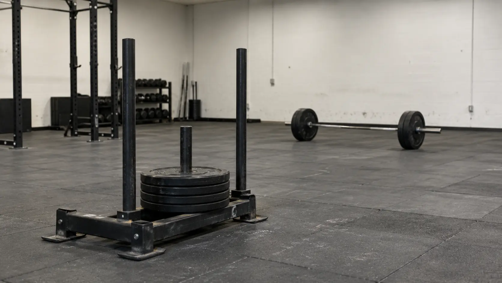 HYROX XENOM deal: a HYROX sled and a loaded barbell on a gray gym floor